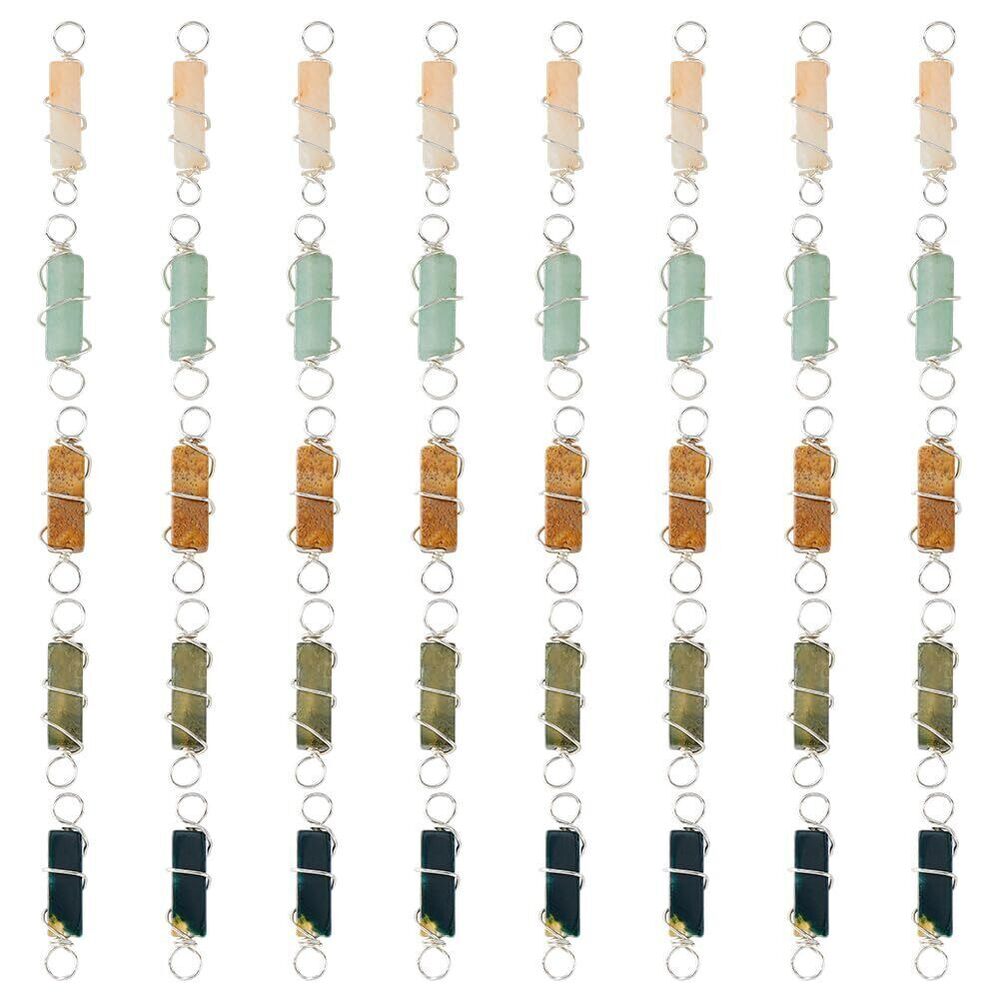 1609 40Pcs 5 Styles Natural Gemstone Links Copper Wired Wrapped Connector